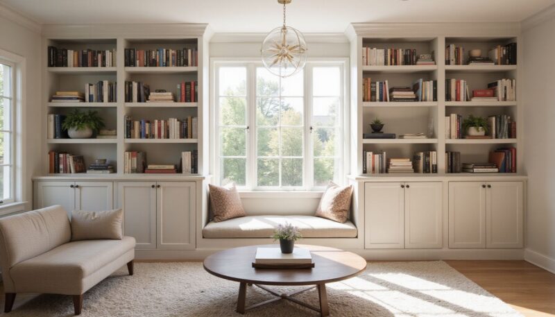 10 Clever Little Library Designs for Tiny Spaces 6 4. Brilliant Wall-Around-Window Design