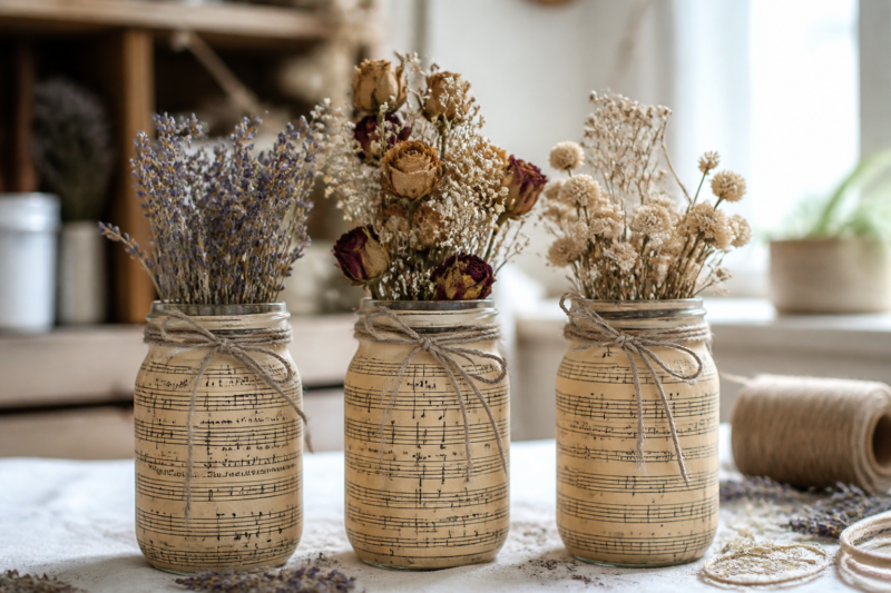 11 Brilliant Decoupage Craft Ideas for Every Home 3 2. Sheet Music Mason Jar Vases