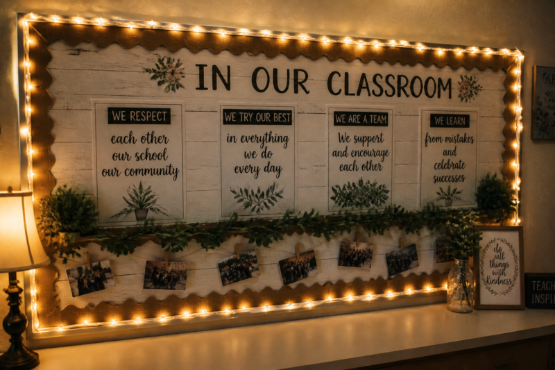 13 Creative Pin Board Ideas for Classroom Organization 5 3. Illuminated LED String Light Board