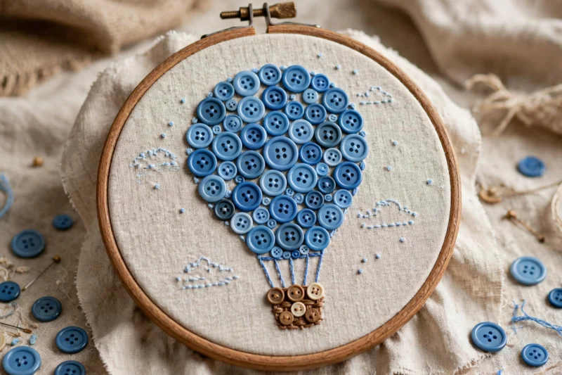 blue button balloon embroidery