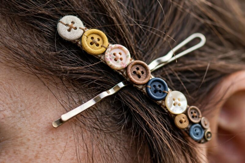 button covered bobby pin hair macro