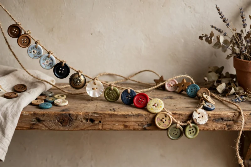 buttons on twine shelf