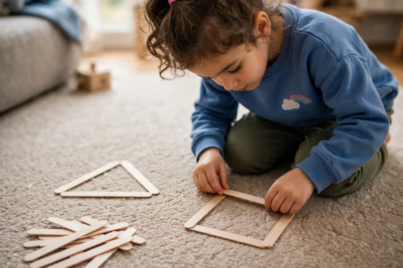 child crafting popsicle shapes
