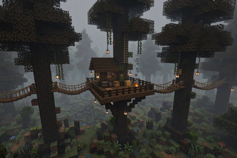 foggy treehouse forest