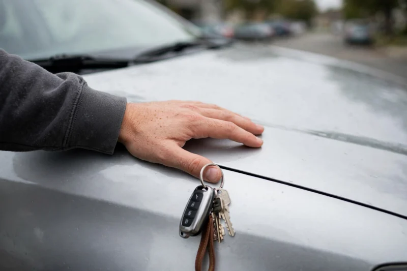 hand keys on silver sedan hood