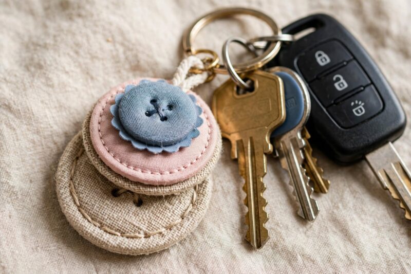 layered button keychain linen