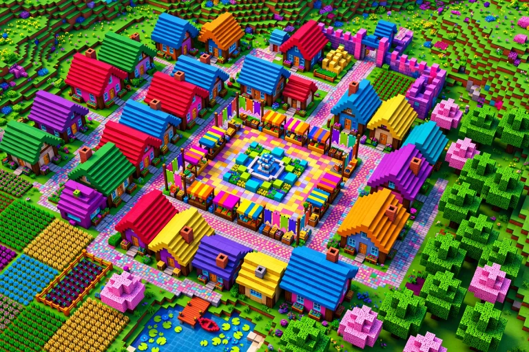 medieval voxel village aerial