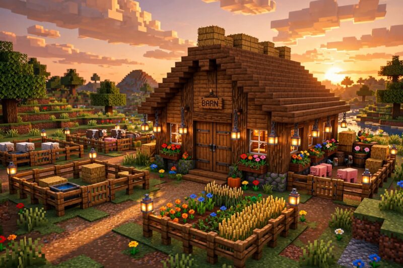 minecraft barn sunset