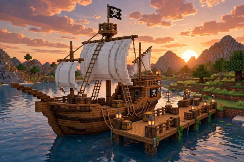 minecraft_pirate_ship_sunset minecraft pirate ship sunset