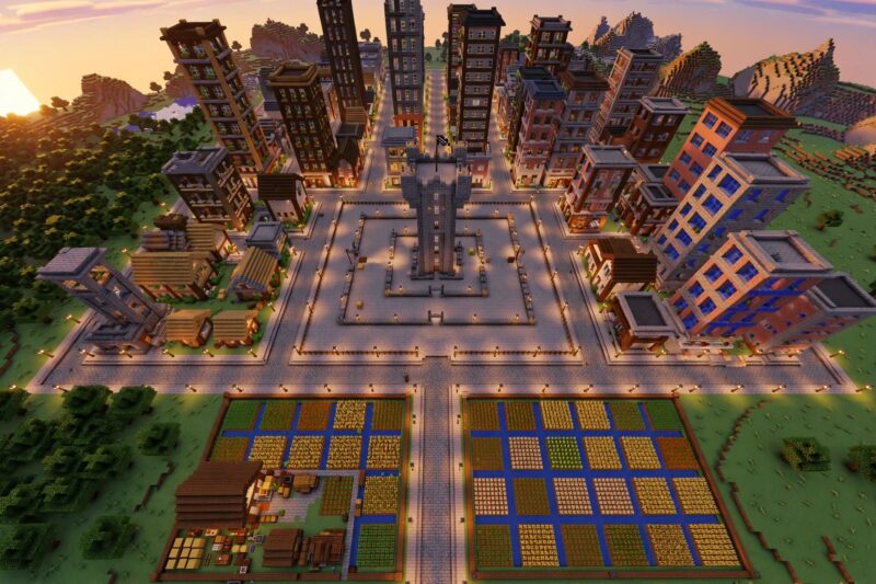 minecraft sunset city overhead