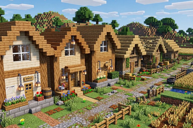 minecraft village street renovated vs thatched