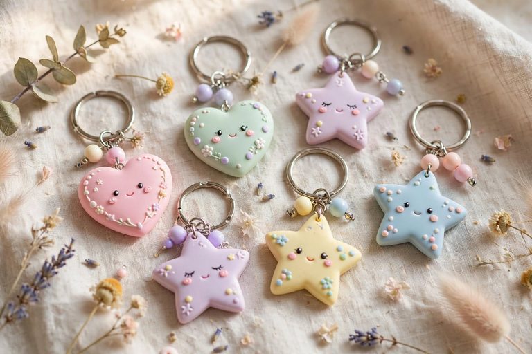 11 Creative Handmade Keychain Ideas 1 pastel clay keychains flat lay