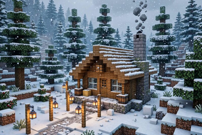 snowy spruce cabin