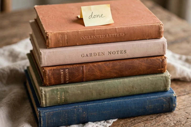 stacked books done note