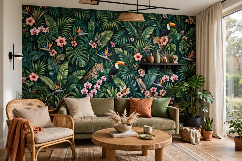 12 Nature Wallpaper Ideas to Transform Any Room tropical_jungle_living_room