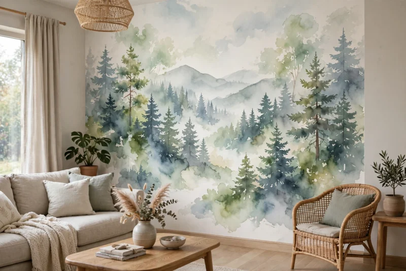 watercolor forest living room