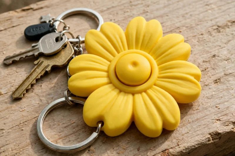 yellow flower keychain wooden surface