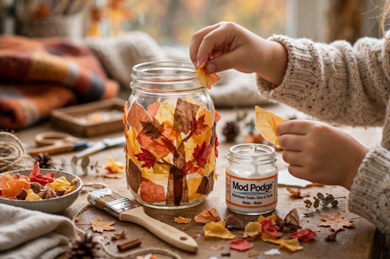 child hands fall craft luminary