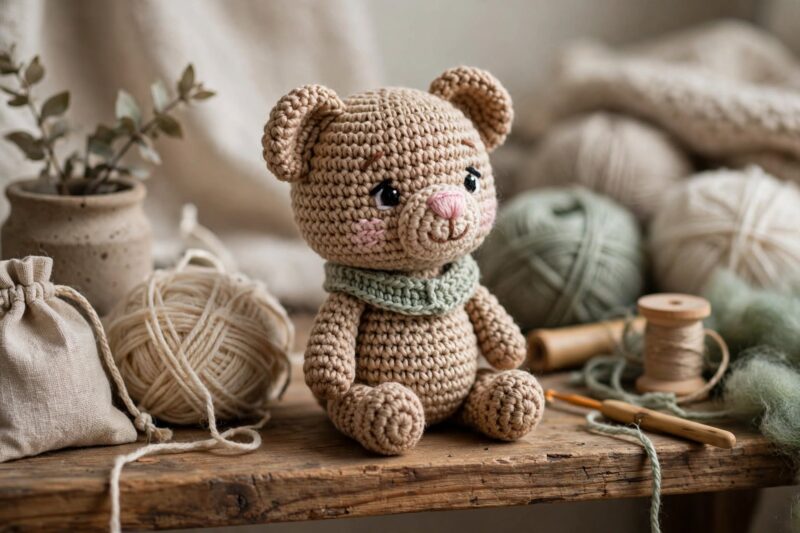 crocheted bear shelf