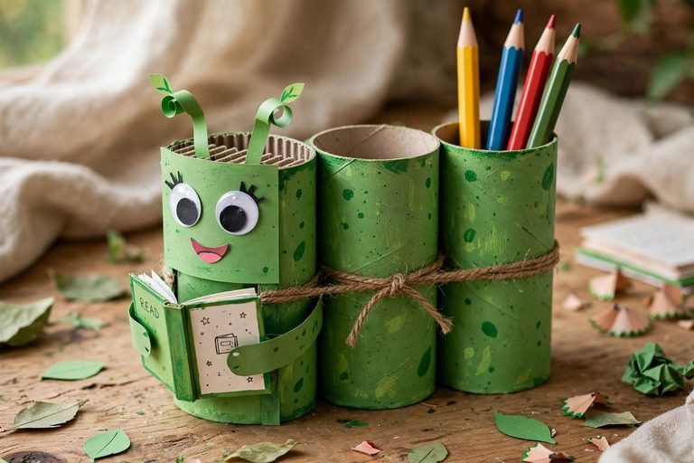 green bookworm pencil holder