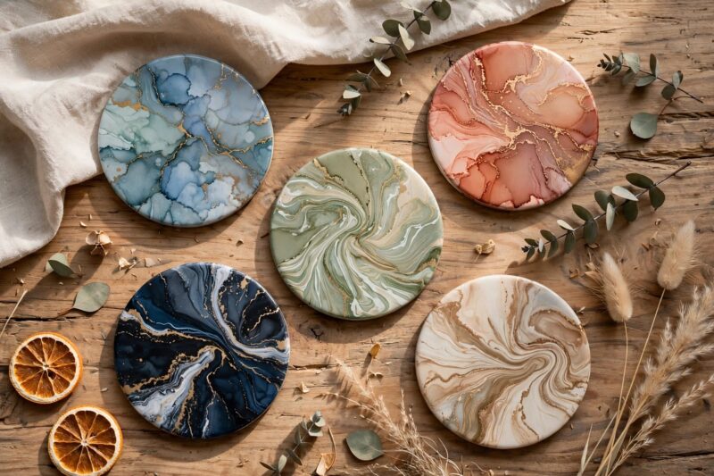 marbled resin coasters flat lay