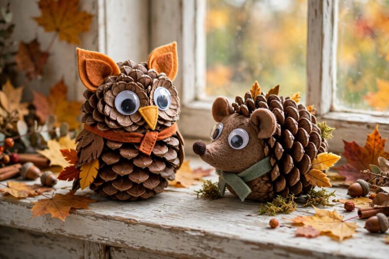 pinecone owl hedgehog craft