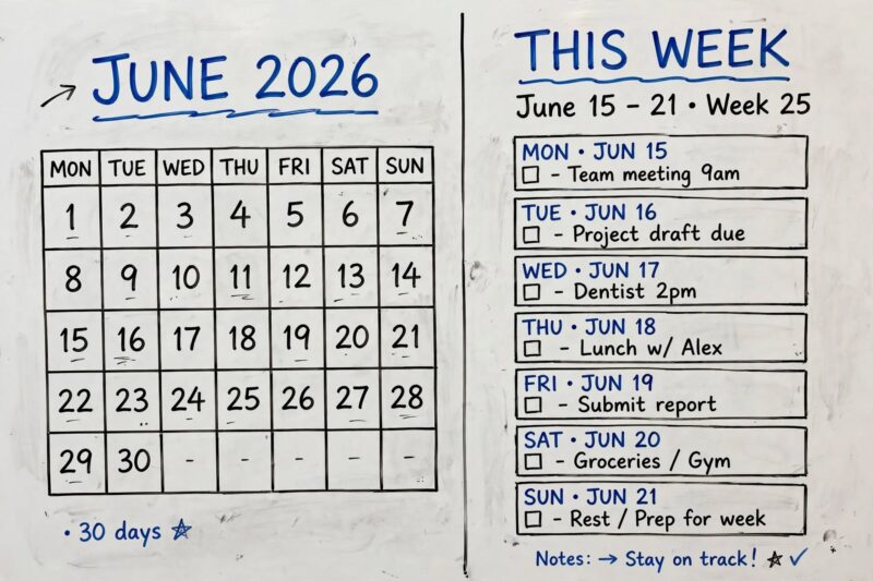 whiteboard calendar june 2026